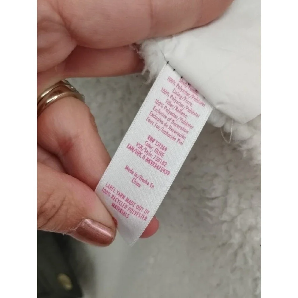 Justice Olive Green Fur Hood Sherpa Long Winter Coat Jacket Label Detail S 7/8